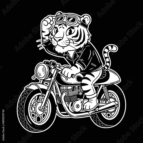Cool Tiger Biker Riding Motorcycle in Retro Style.
