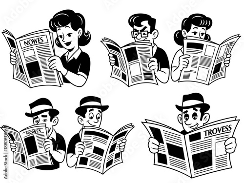 Diverse group of people reading newspapers, vintage comic style illustration.