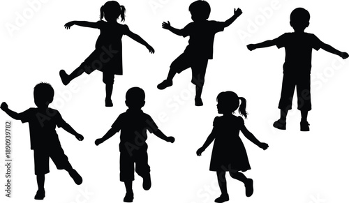 Black Silhouettes of Happy Children Playing and Dancing in Various Energetic Poses Isolated on Transparent Background for Creative Graphic Design