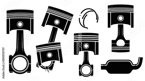 Collection of various engine pistons and automotive parts in silhouette.