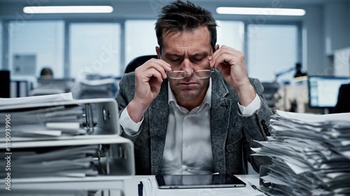 Stressed businessman sitting at office desk with stacks of papers and phone