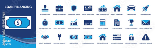 Loan financing icon set. Containing loan application, credit score, collateral shield, debt consolidation, interest chart, installment, refinance, repayment schedule and more. Solid fill vector icons 