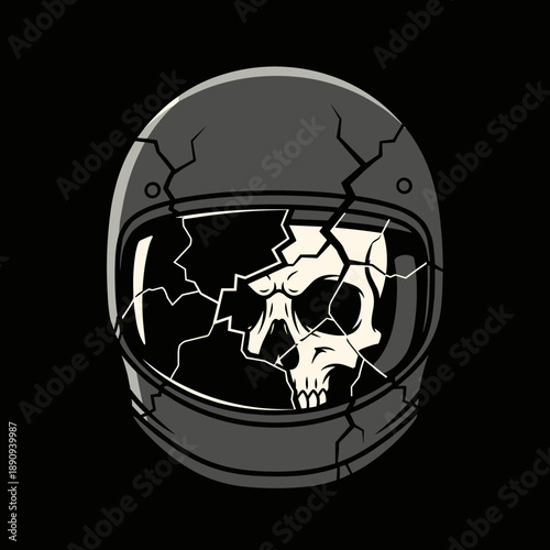 Cracked motorcycle helmet with a skull reflection.
