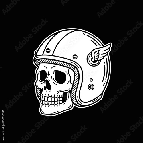Skull wearing a vintage winged motorcycle helmet.