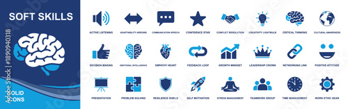 Soft skills icon set. Containing active listening, communication, confidence, conflict resolution, critical thinking, empathy, teamwork, leadership, time management and more. Solid fill vector icons c