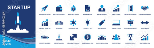 Startup icon set. Containing accelerator rocket, bootstrapping wallet, burn rate clock, business plan, pitch deck, MVP product, pivot arrow, seed funding, venture capital and more. Solid fill vector i