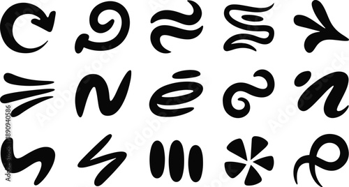 Abstract black shapes and stylized arrows on white background Keywords: abstract, shape, symbol