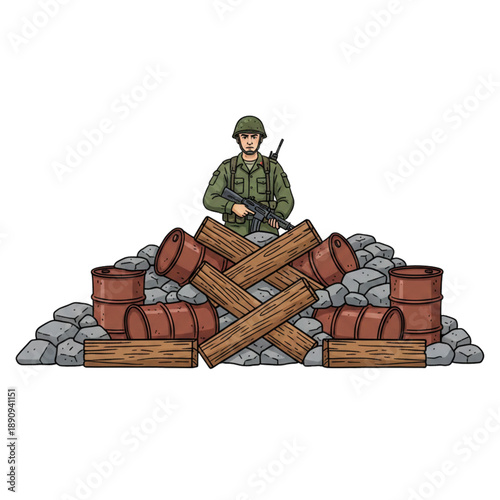 road blockade with used drums, wood and stone guarded by a soldier.