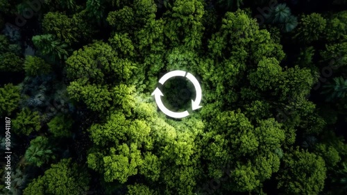 A top-down forest canopy view features a glowing white recycling circle at its center, symbolizing environmental responsibility and sustainable action. This clean motion graphic
