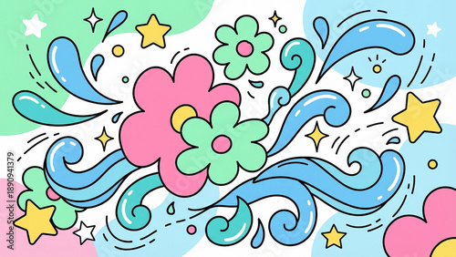 ポップな花と水と星のイラスト背景