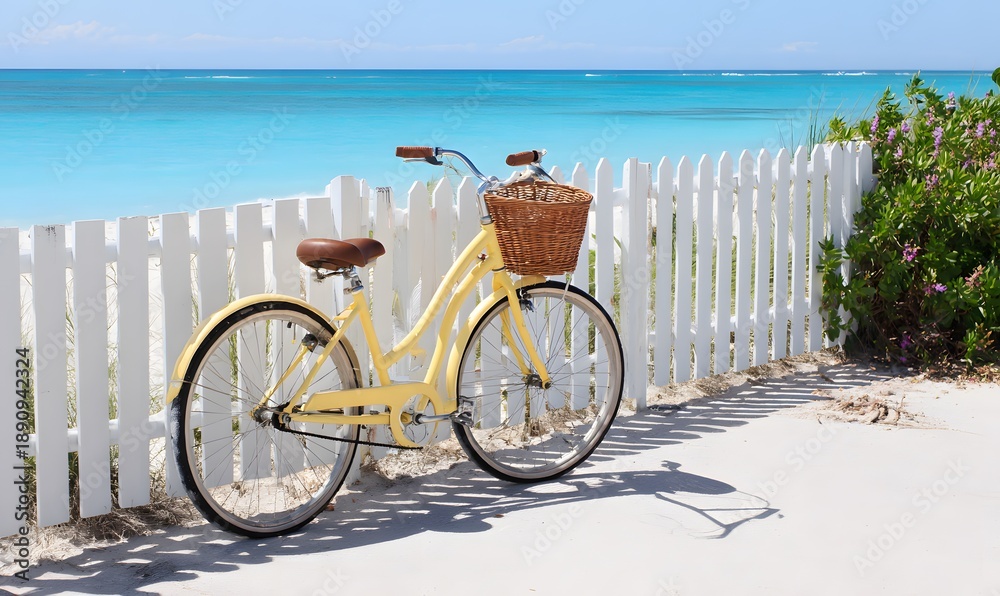 Fototapeta premium make a pale yellow beach bike with a basket leaning up against a white picket fence with a white sand beach with turquoise water on a sunny day