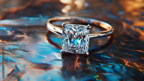 Exquisite cushion cut diamond engagement ring glistening brightly atop a dramatically lit surface creating intense color refraction and sparkle for luxury advertising visuals