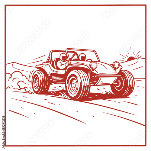 Dune buggy vintage racing artwork for apparel. Off road adventure extreme sport design. Desert challenge speed graphic print. Fast wheels buggy t shir