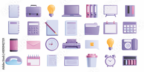 Collection of pastel colored office supplies and technology icons
