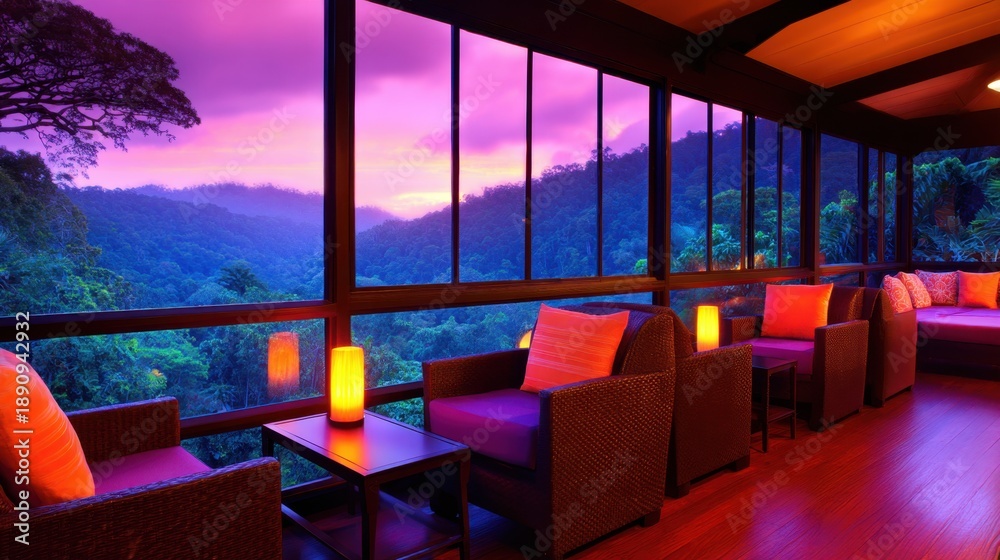 Naklejka premium Cozy lounge with wicker seating, warm ambient lighting, and glass walls framing a purple sunset over hills now