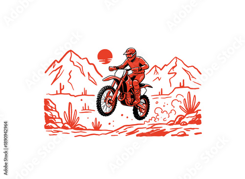 Motocross rider jumping vector design. Off road extreme adventure artwork. Dirt bike racing graphic print for apparel. Vintage style desert enduro ill