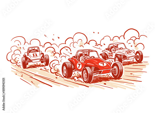 Dune buggy racing vector illustration. Vintage offroad race graphic design. Extreme rally speed challenge. Dirt track racing competition art. Print de