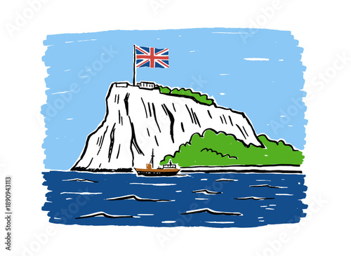Gibraltar Rock vintage illustration. Famous European landmark artwork. Union Jack flag flying over cliffs. Travel postcard graphic sketch. Hand drawn