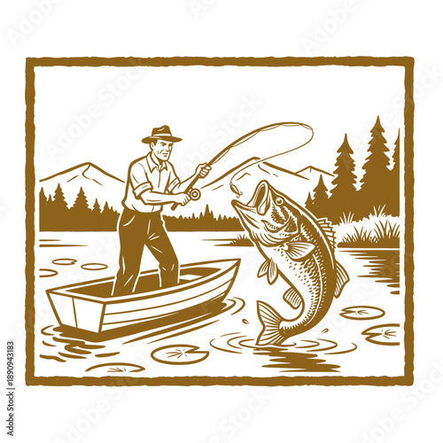 Fishing club vintage artwork design. Fisherman catching a large bass. Retro outdoors graphic print for t shirt. Keep nature wild. Adventure awaits des