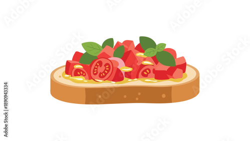 Vibrant and Fresh Bruschetta with Ripe Tomatoes and Aromatic Basil Leaves, a Classic Italian Appetizer Perfectly Rendered in a Clean Vector Style,
