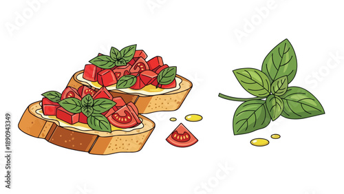 Freshly prepared Italian bruschetta with vibrant red tomatoes and aromatic green basil leaves drizzled with golden olive oil a delightful and