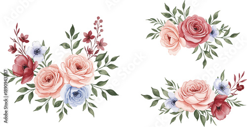 Three watercolor floral bouquet arrangements with roses and greenery on white background