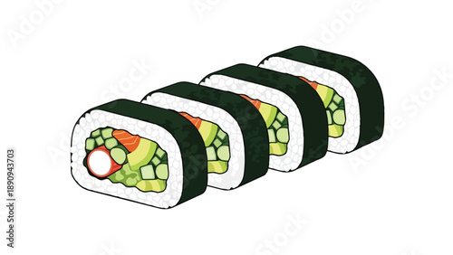 Stylized illustration of vibrant sushi maki rolls, showcasing fresh cucumber, avocado, and seafood elements, meticulously arranged for a palatable
