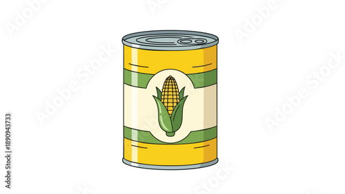 Vibrant illustration of a single yellow metal can of sweet corn with green husk accent on white background, perfect for grocery