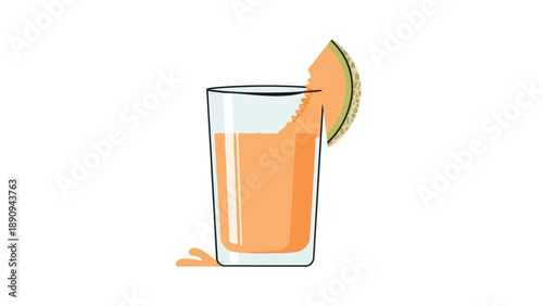 Freshly poured cantaloupe juice in a clear glass, garnished with a ripe melon slice, vibrant and refreshing