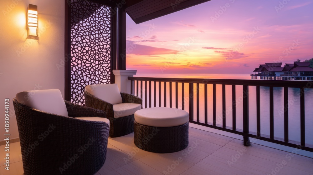 Fototapeta premium Luxurious balcony seating at sunset overlooks sea, pink sky, and distant rooftops, tranquil twilight over sea