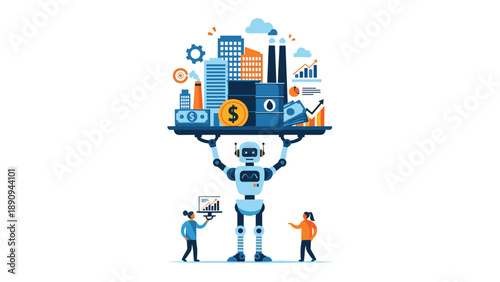 Advanced robot holds a tray containing a modern city, oil barrels, and money while two human observers monitor the industrial automation.