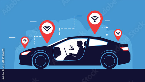Dark silhouette of a modern car with various location pins and WiFi symbols shows a person working on a laptop while inside the vehicle.