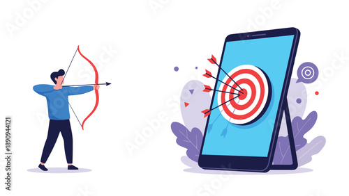 Determined archer aims his bow and arrow at a target displayed on a large smartphone screen symbolizing successful digital marketing goals.