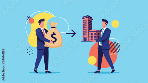 Businessman carrying a heavy bag of money prepares to exchange it for city buildings with another professional in a corporate real estate deal.