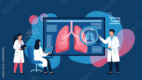Medical professionals use a magnifying glass to examine a digital scan of human lungs on a large computer monitor in a clinical setting.