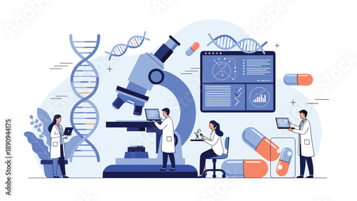 Laboratory researchers conduct pharmaceutical experiments using a large microscope and digital displays for medical drug development.