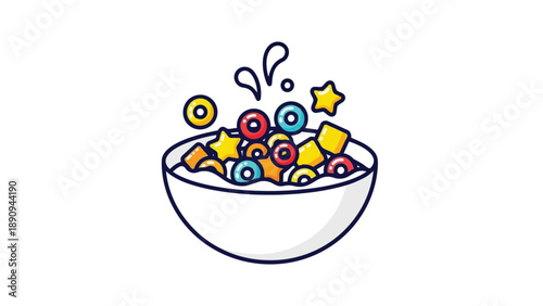 A vibrant and playful bowl of colorful breakfast cereal with milk splashes, ideal for a fun morning meal to energize your day with delightful shapes