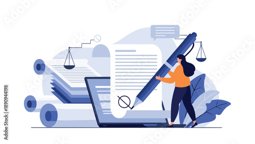 Legal professional signs an official document on a laptop using a large pen with symbols of justice and scales in background.