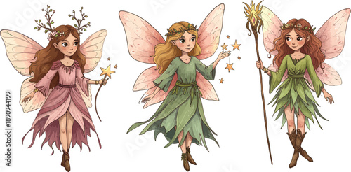 Three mythical female fairies with flowers and wings in earthy tones