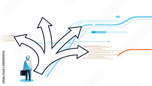Businessman stands at a crossroad with multiple arrows pointing in different directions representing career decisions and life paths.
