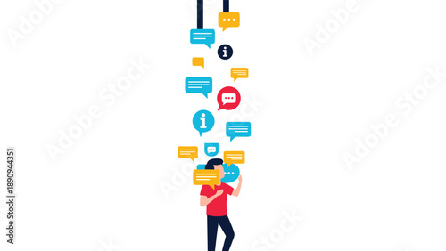 Young man stands under a waterfall of colorful speech bubbles and information icons representing social media information overload.