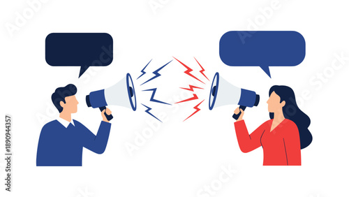 Two people shout loudly at each other through megaphones with lightning bolts symbolizing conflict and poor communication.