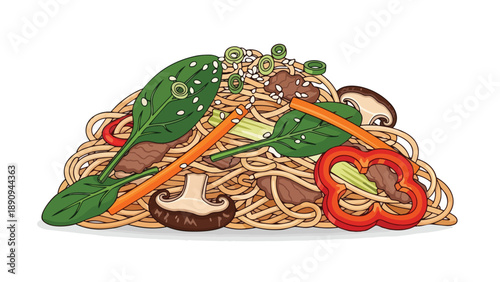 Vibrant illustration of a hearty Asian noodle stir-fry with fresh vegetables and tender meat