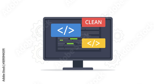 An illustration of a computer monitor displaying coding on its screen with colorful coding blocks and gear icons in the background, representing programming concepts in a simple graphic