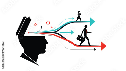 Creative thoughts flow from a human head silhouette as arrows carrying business professionals toward different career goals.