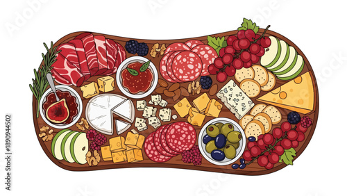 Gourmet charcuterie board featuring various cheeses, cured meats, fresh fruits, nuts, and crackers