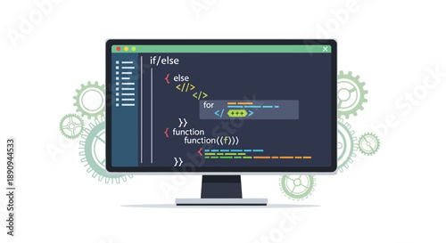 A computer monitor displays lines of coding on its screen with gear icons in the background, representing technology and programming concepts in a simple graphic design.