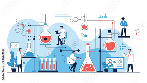Dedicated scientific researchers work in a high tech laboratory environment filled with colorful chemical solutions and complex glass equipment.