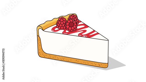 An appetizing illustrative slice of creamy raspberry cheesecake featuring a golden brown crumbly crust and vibrant berry sauce drizzle a delightful