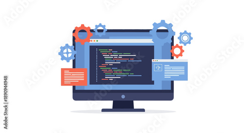 A computer monitor displaying lines of coding on its screen with gear icons and design elements in the background, representing technology and programming concepts in a simple graphic